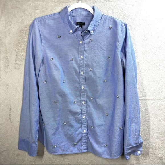 Talbots Rhinestone Embellished Button Down Front Shirt Blue Denim Chambray Sz 10 - Picture 1 of 7